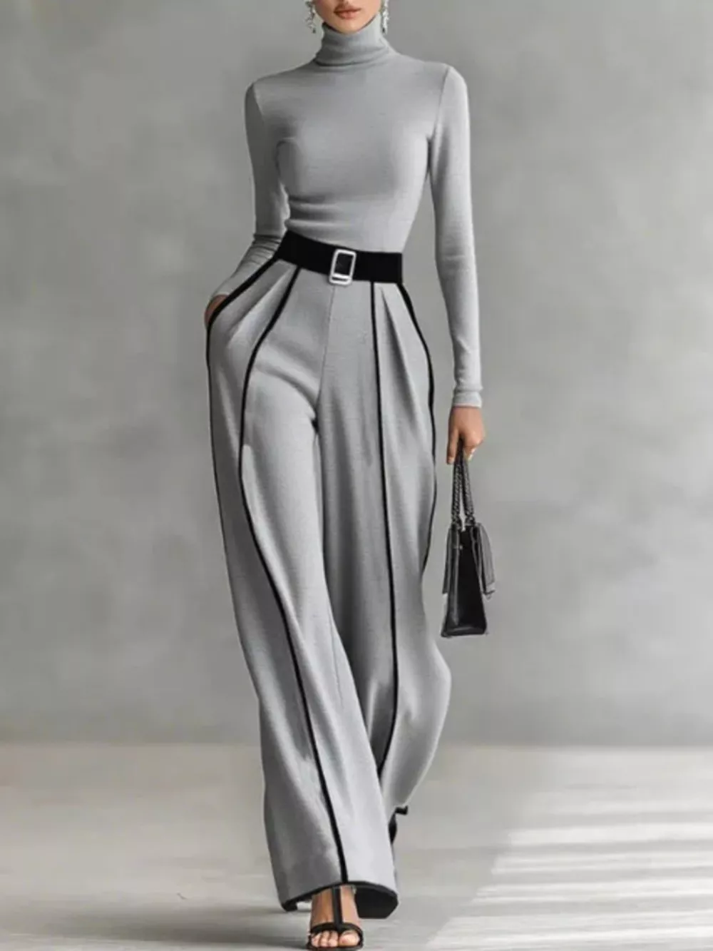 Turtleneck Long Sleeve Top and Contrast Pants Set, image 4