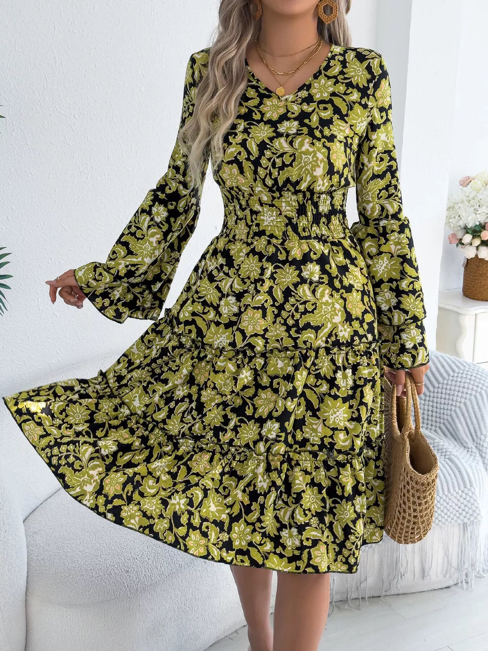 Floral Print Smocked Ruffle Hem Flared Sleeve Dress, image 2