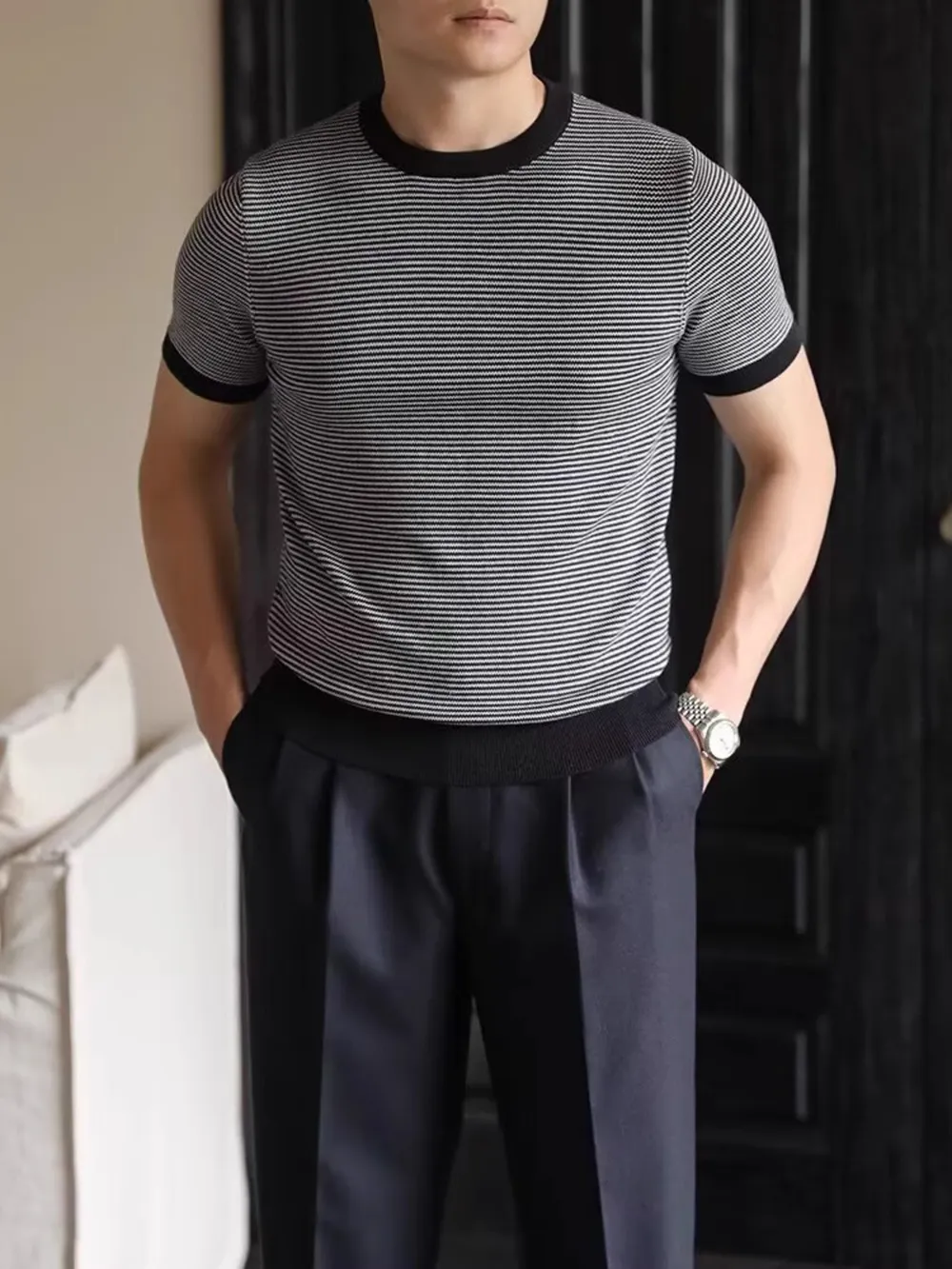 Men's Full Size Classic Striped Contrast Trim T-Shirt Plus Size, image 2