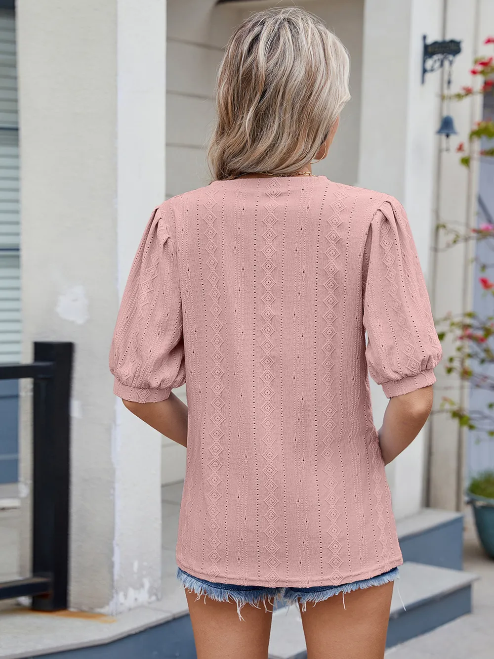 Eyelet V-Neck Puff Sleeve Casual Top, image 3