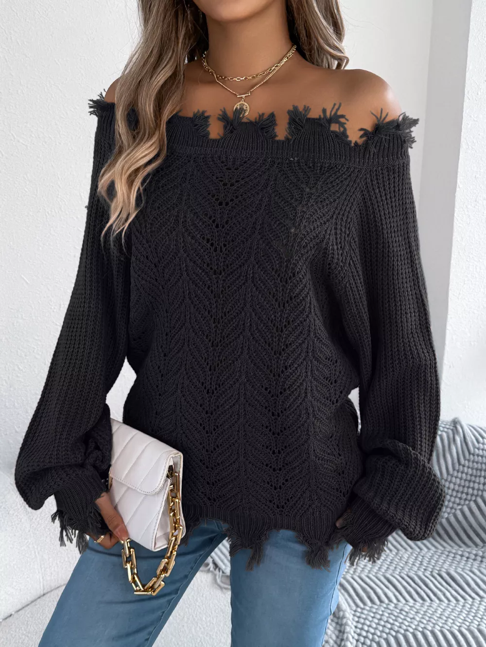 Distressed Hem Openwork Off-Shoulder Sweater