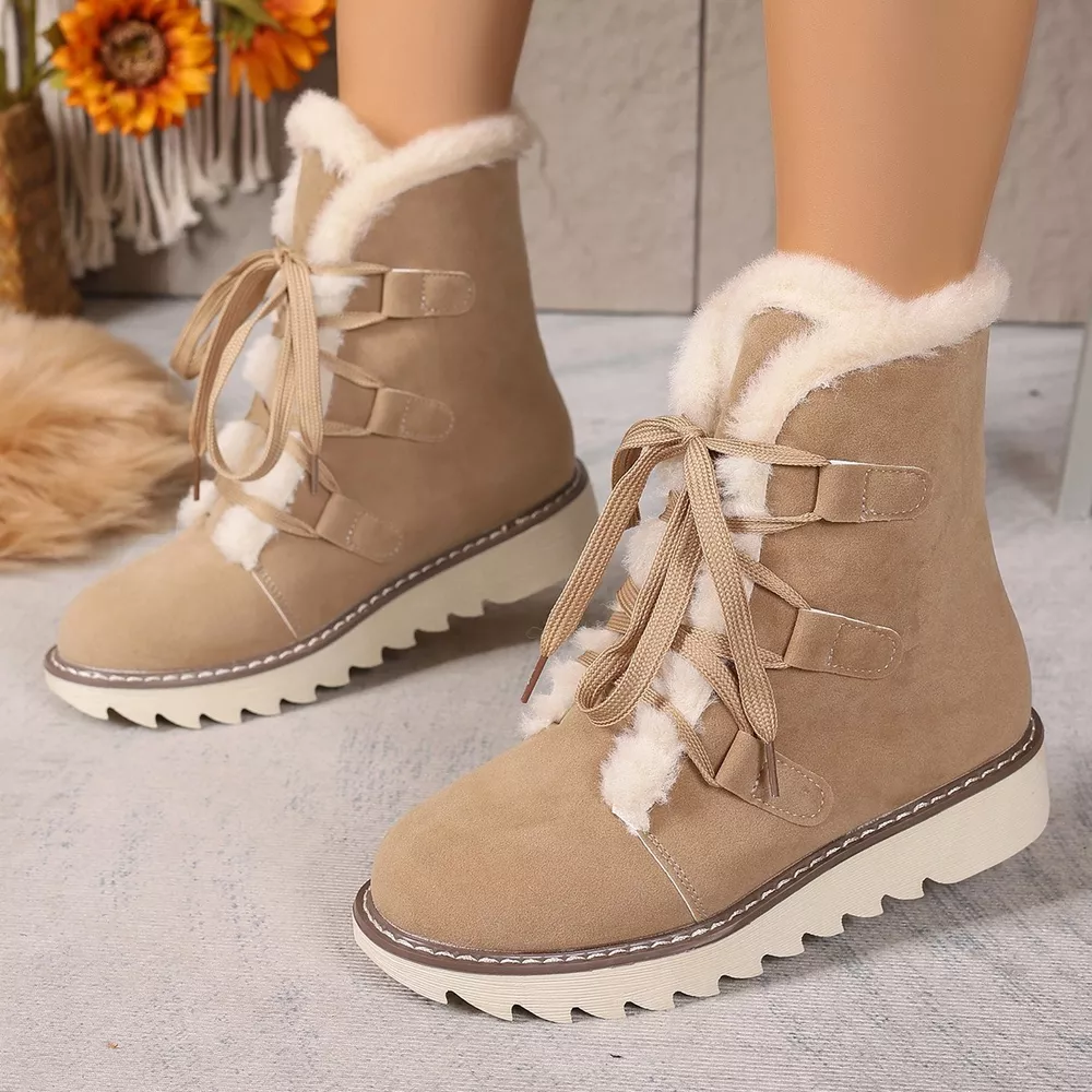 Fuzzy Trim Lace-Up Boots