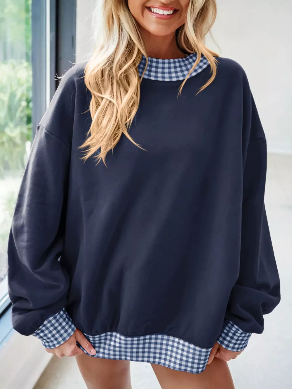 Gingham Trim Dropped Shoulder Sweatshirt, image 7