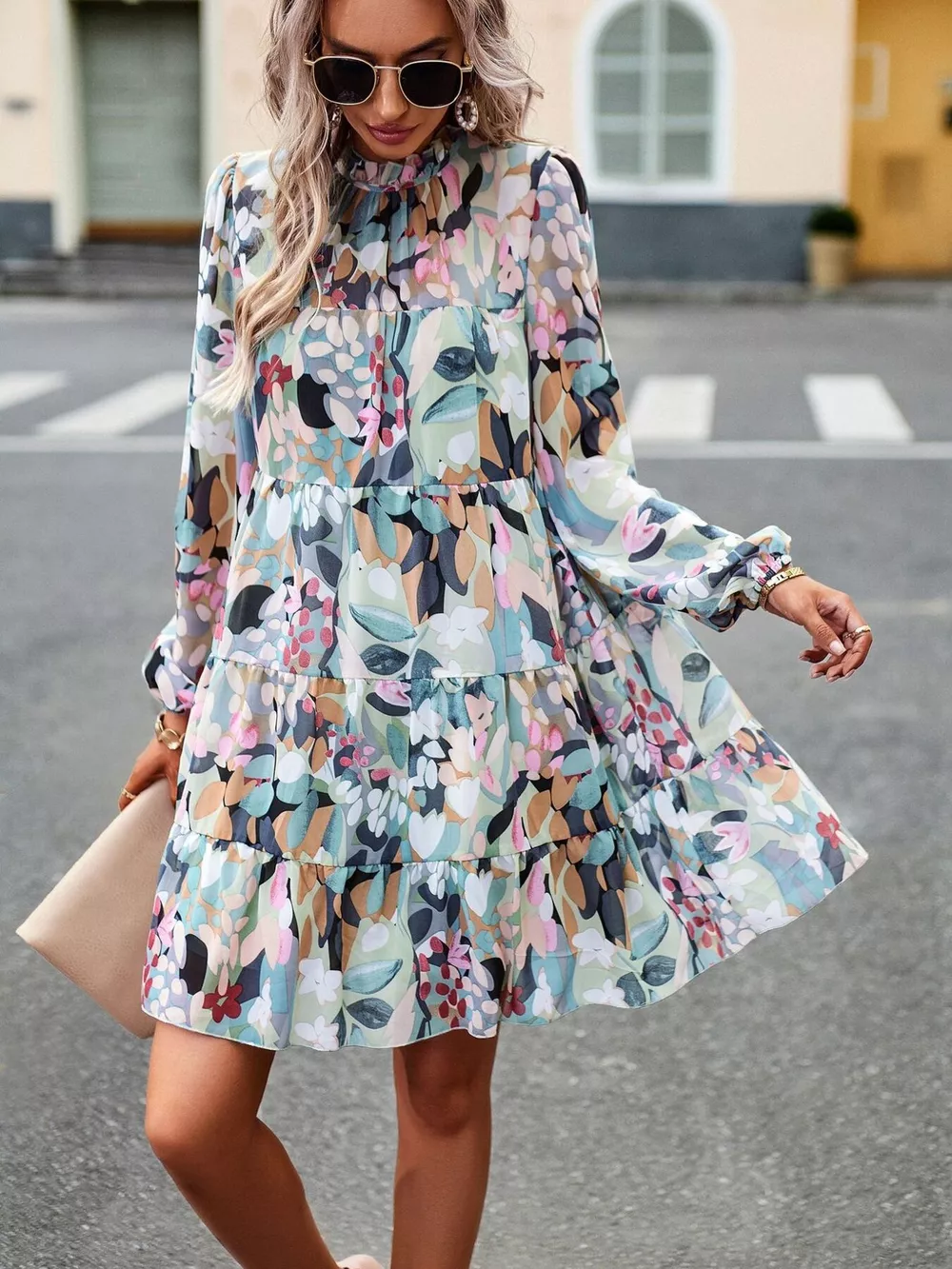 Printed Long Sleeve Mini Dress