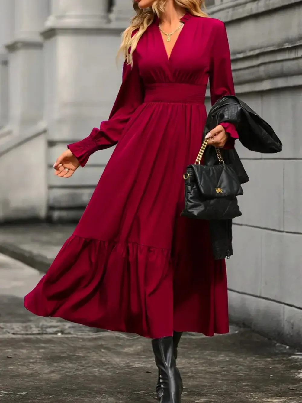 Notched Long Sleeve Tiered Dress, image 14