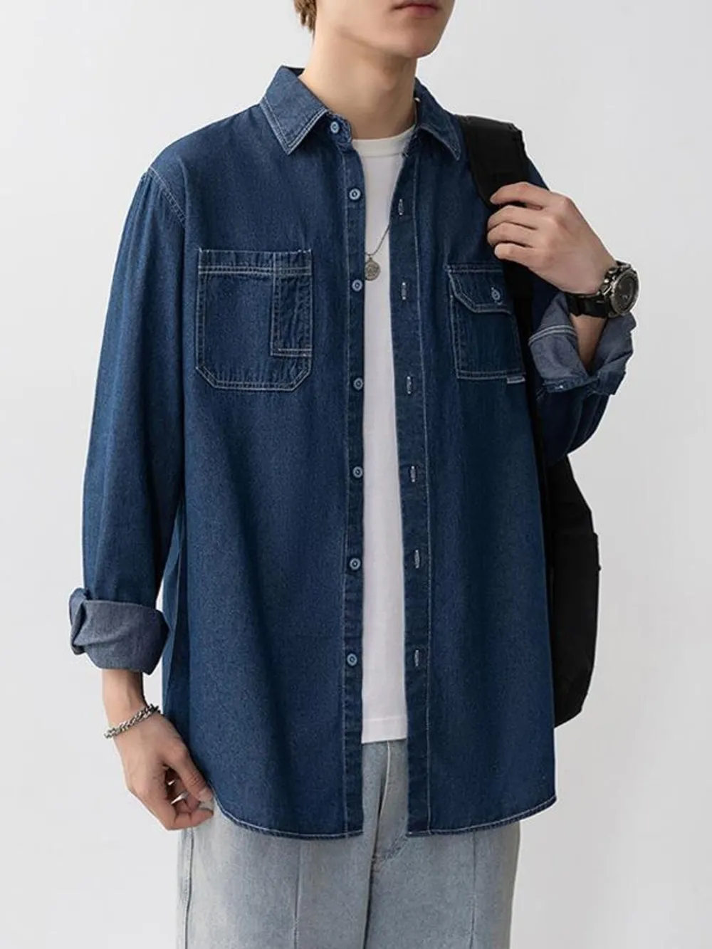 Men's Plus Size Casual Long Sleeve Denim Shirt, image 2