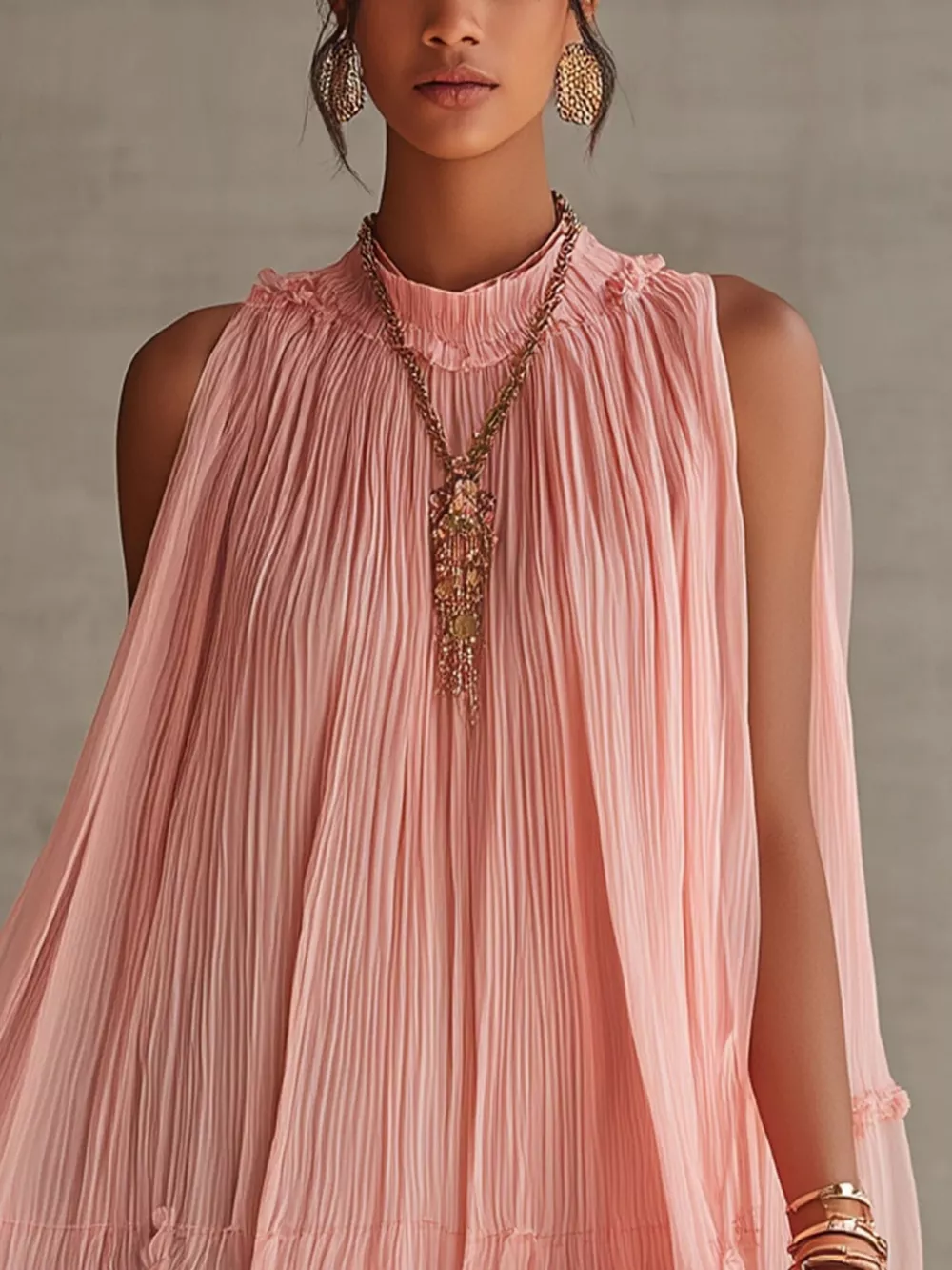 Pleated Mock Neck Sleeveless Mini Dress, image 4