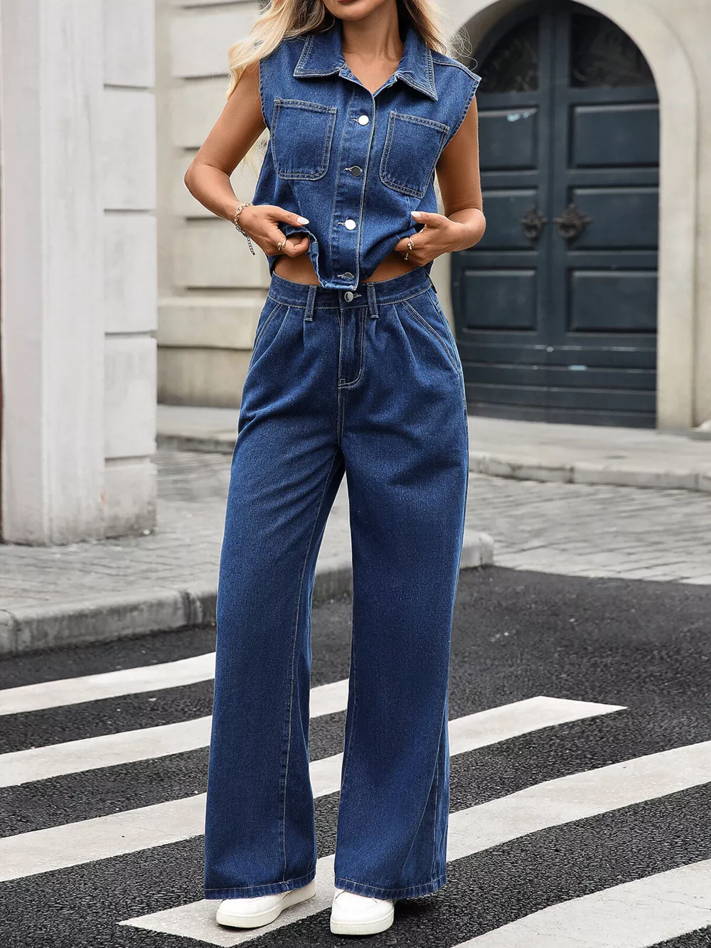 Button Up Vest and Jeans Denim Set, image 2