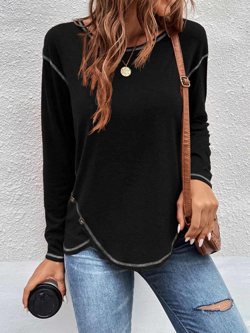 Casual Long Sleeve Exposed Seam T-Shirt with Decor Button, image 6