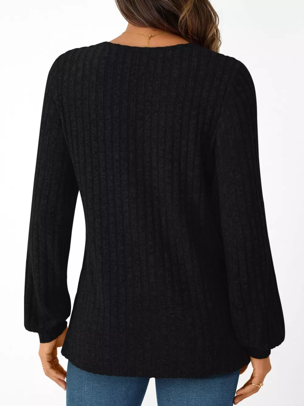 Ribbed Knit V-Neck Long Sleeve T-Shirt, image 15