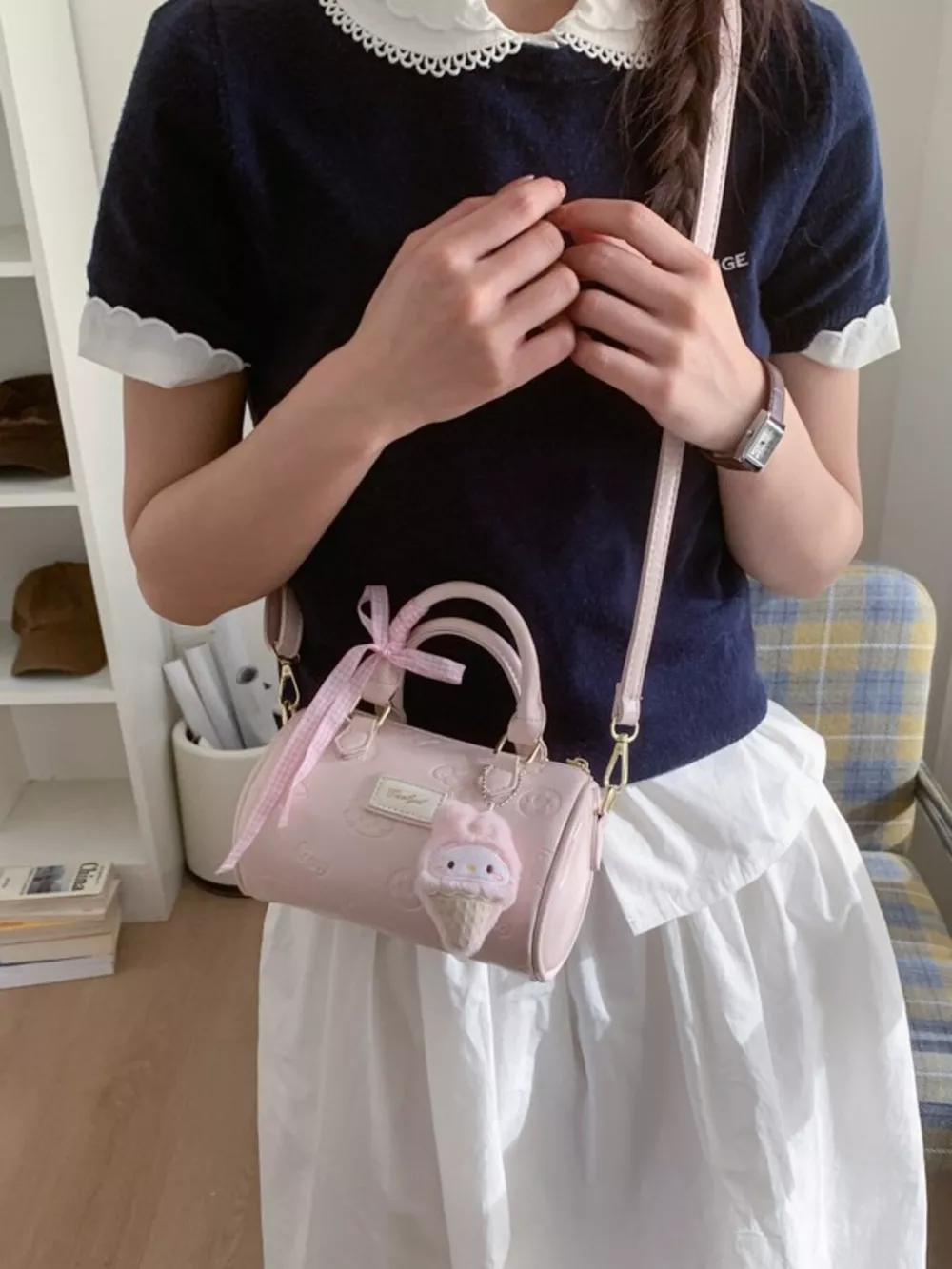 Embossed Pattern Cylinder Crossbody Bag, image 2
