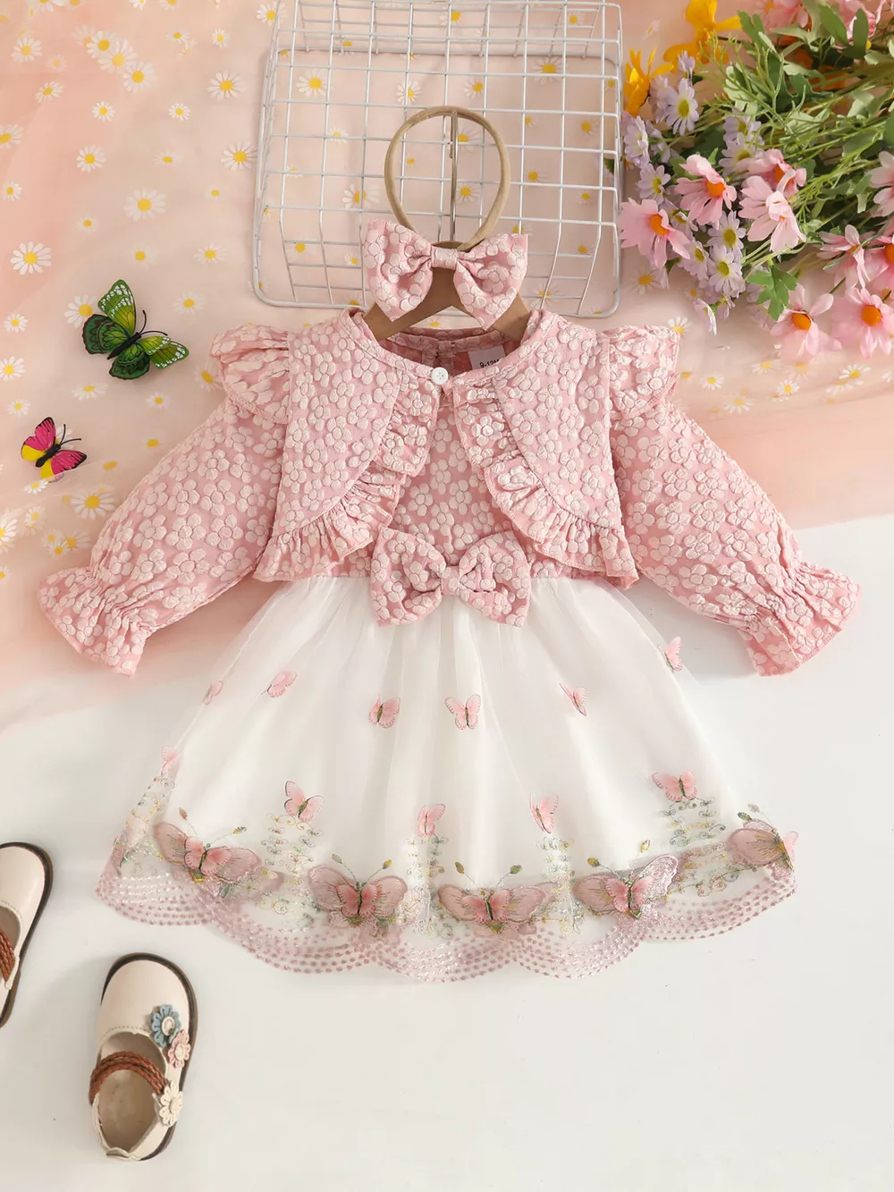 Children's Floral and Butterfly Dress and Cardigan Set with Headband, image 4