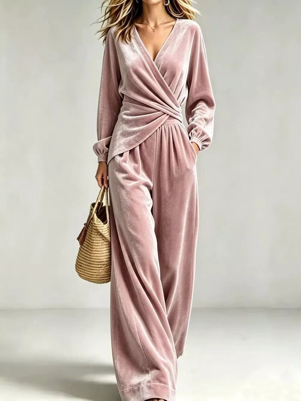 Velvet Wrap-Front Top and Pants Set, image 2
