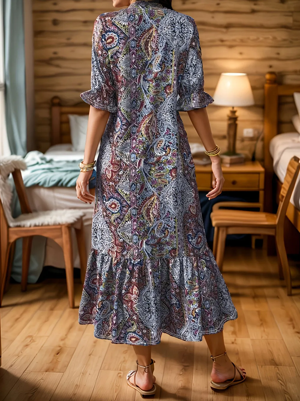 Full Size Bohemian Paisley Print Ruffle Hem Midi Dress Plus Size, image 6