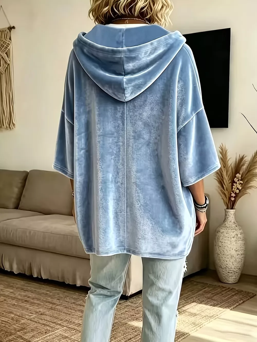 Full Size Velvet 3/4 Sleeve Hoodie with Kangaroo Pocket Plus Size, image 4