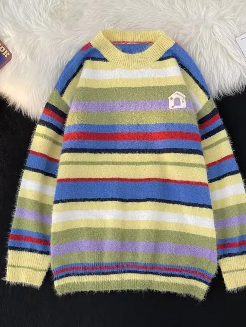 Men's Striped Fuzzy Knit Round Neck Sweater