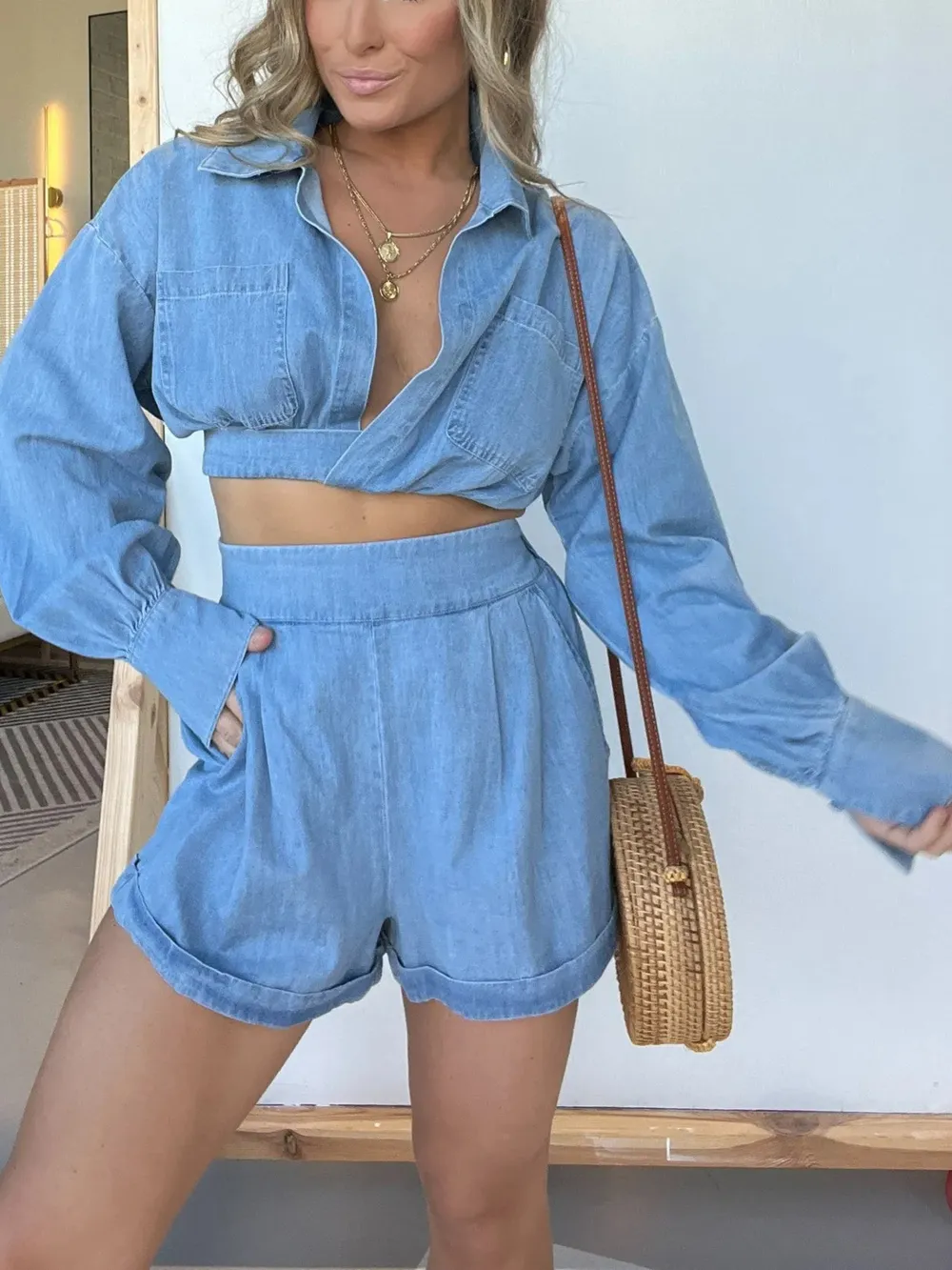 Full Size Long Sleeve Top and Shorts Denim Set Plus Size, image 6