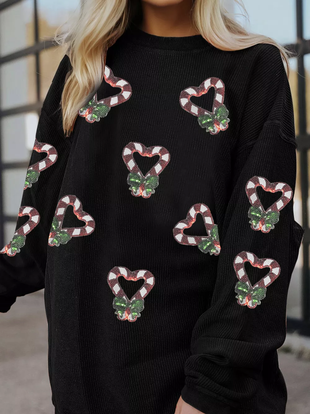Sequin Christmas Candy Cane Heart Graphic Drop Shoulder Ribbed Sweatshirt, image 2
