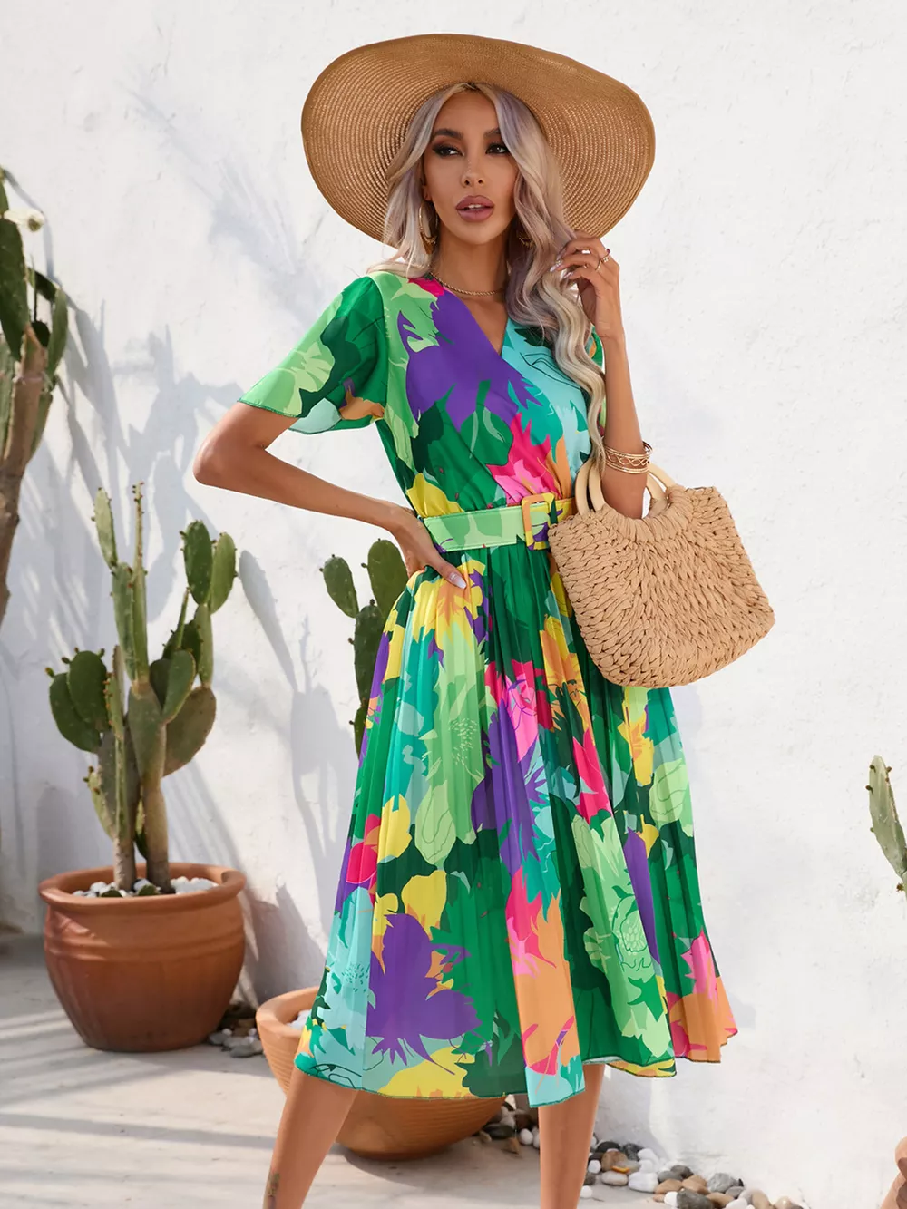 Pleated Tropical Print Belted Midi Dress, image 11