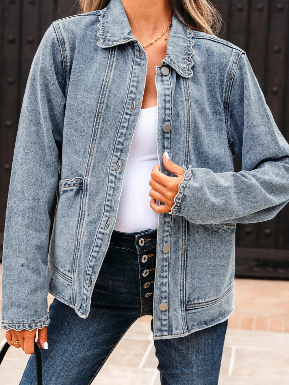Scallop Trim Collar Patched Pocket Button Up Denim Jacket, image 3