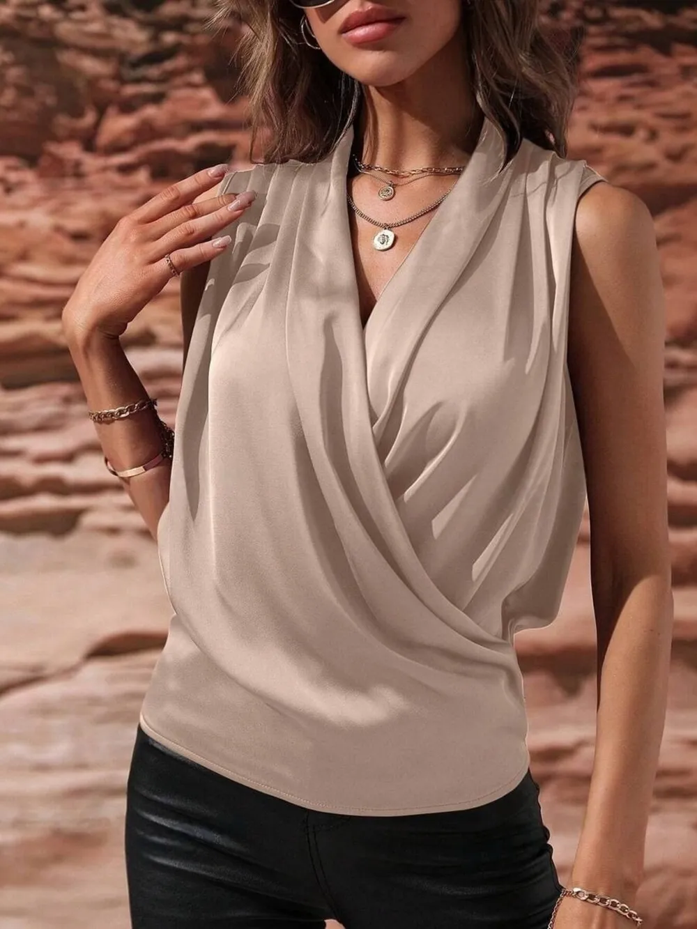 Sleeveless Wrap Draped Blouse, image 3