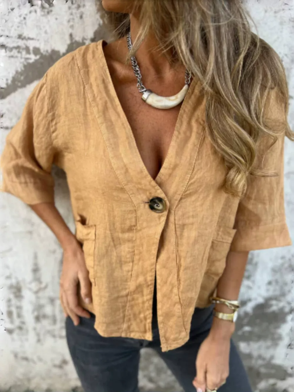 Full Size One Button V-Neck Shirt Plus Size, image 2