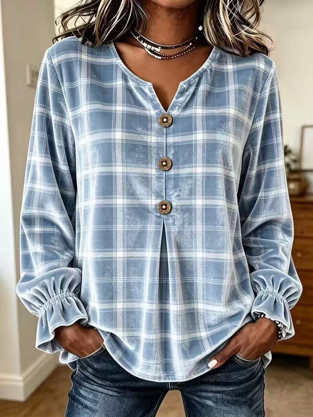 Full Size Plaid Velvet Flounce Sleeve Blouse Plus Size, image 13