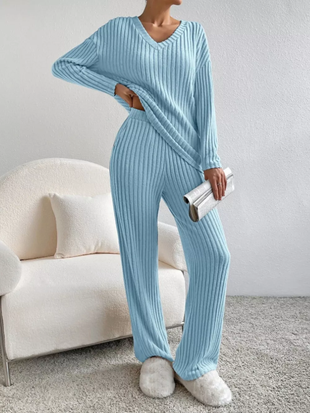 Ribbed Knit Long Sleeve Top and Pants Set, image 12