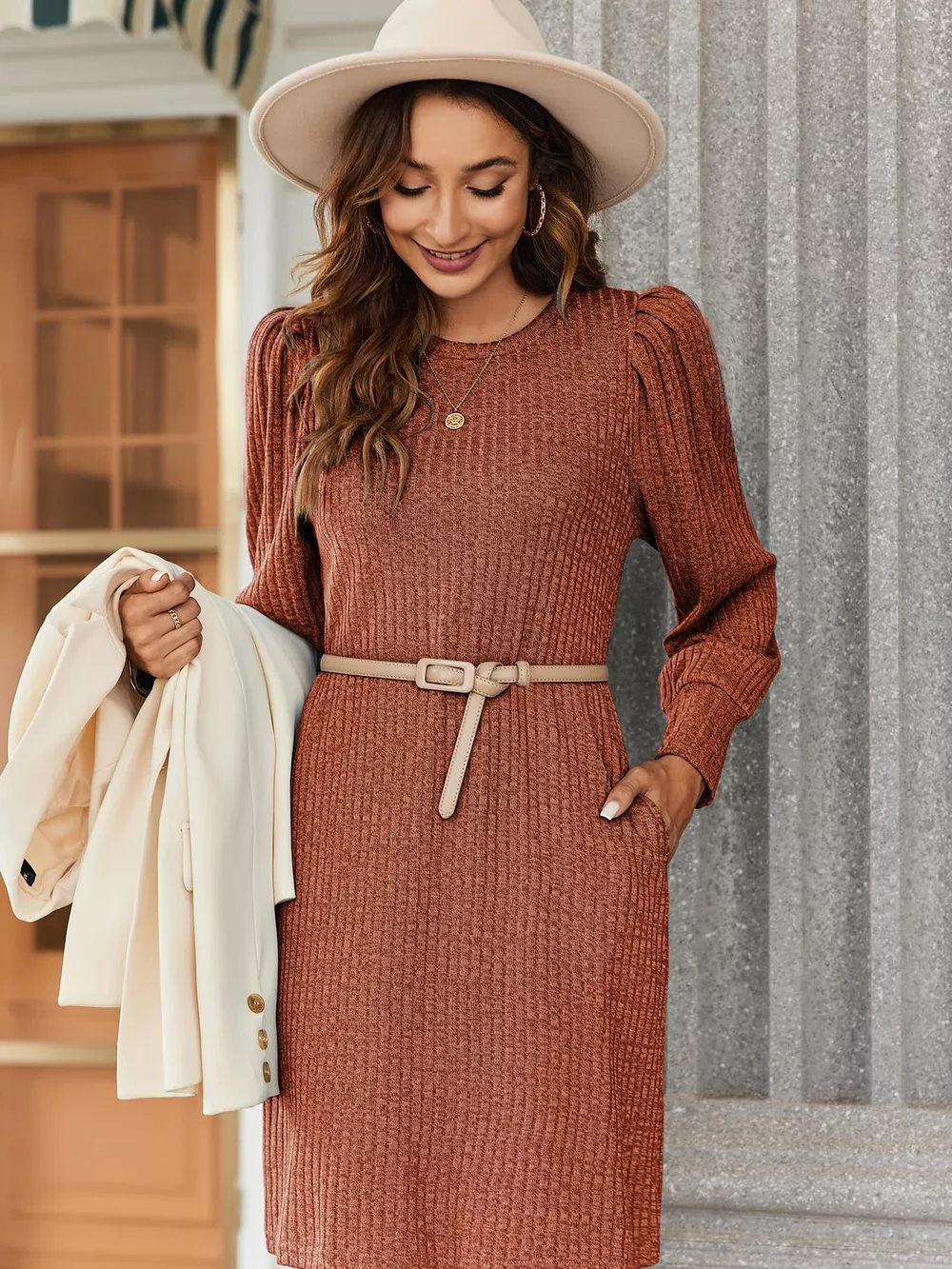 Ribbed Knit Puff Sleeve Casual Mini Dress, image 2
