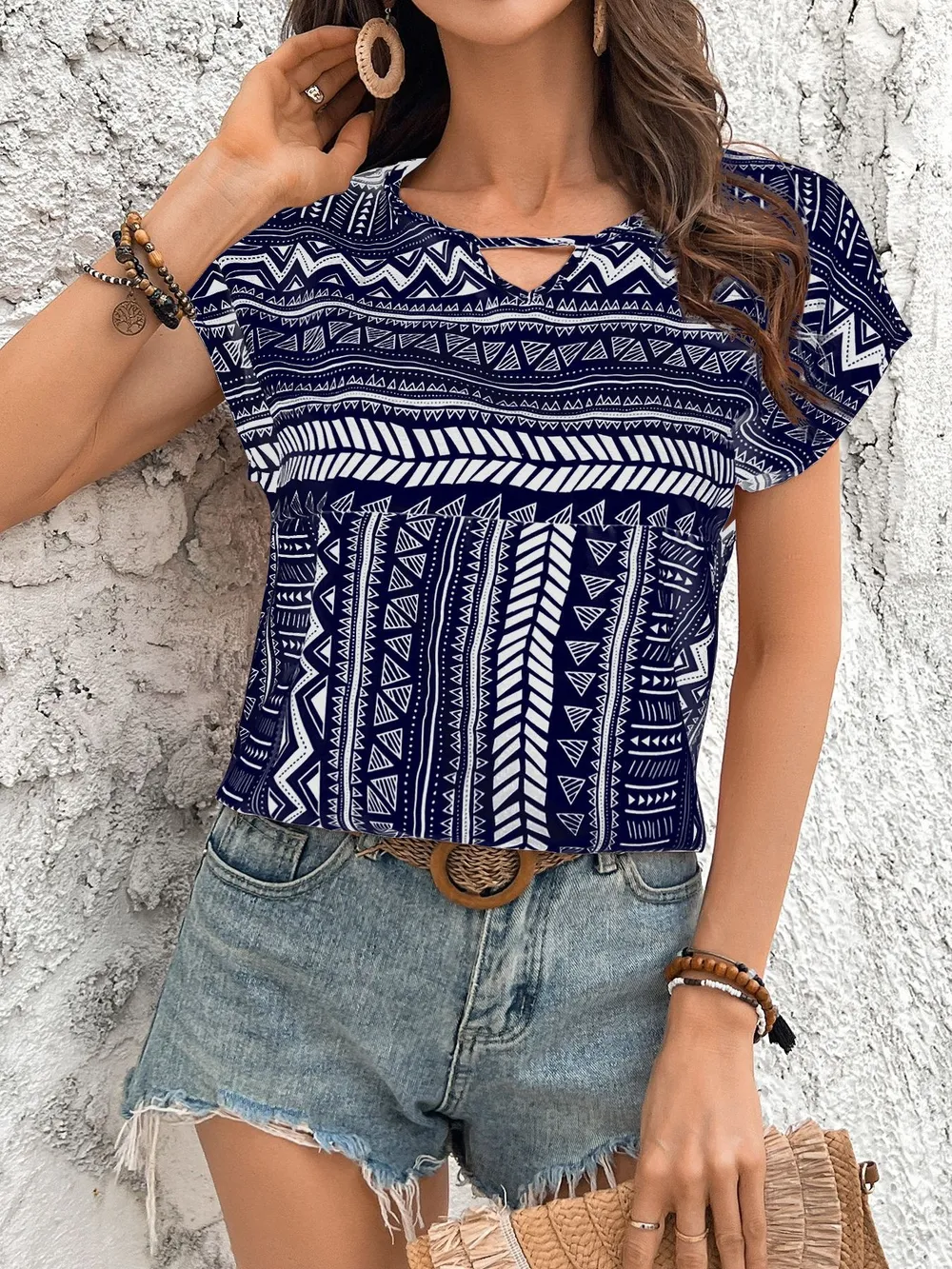 Geometric Print Short Sleeve Blouse, image 9
