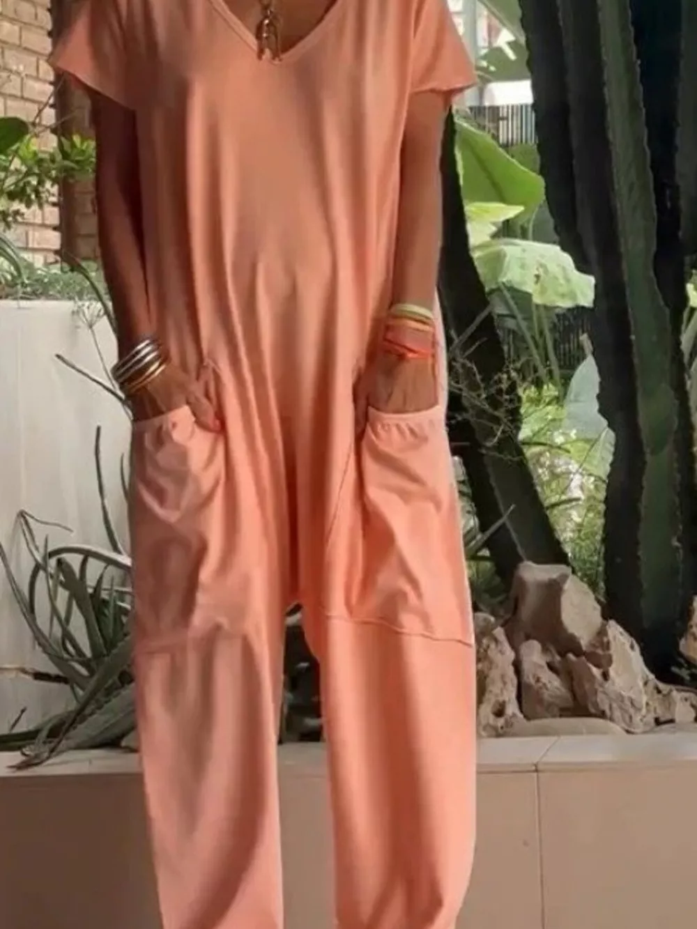 Full Size Loose Fit V-Neck Short Sleeve Wide Leg Jumpsuit Plus Size, image 9