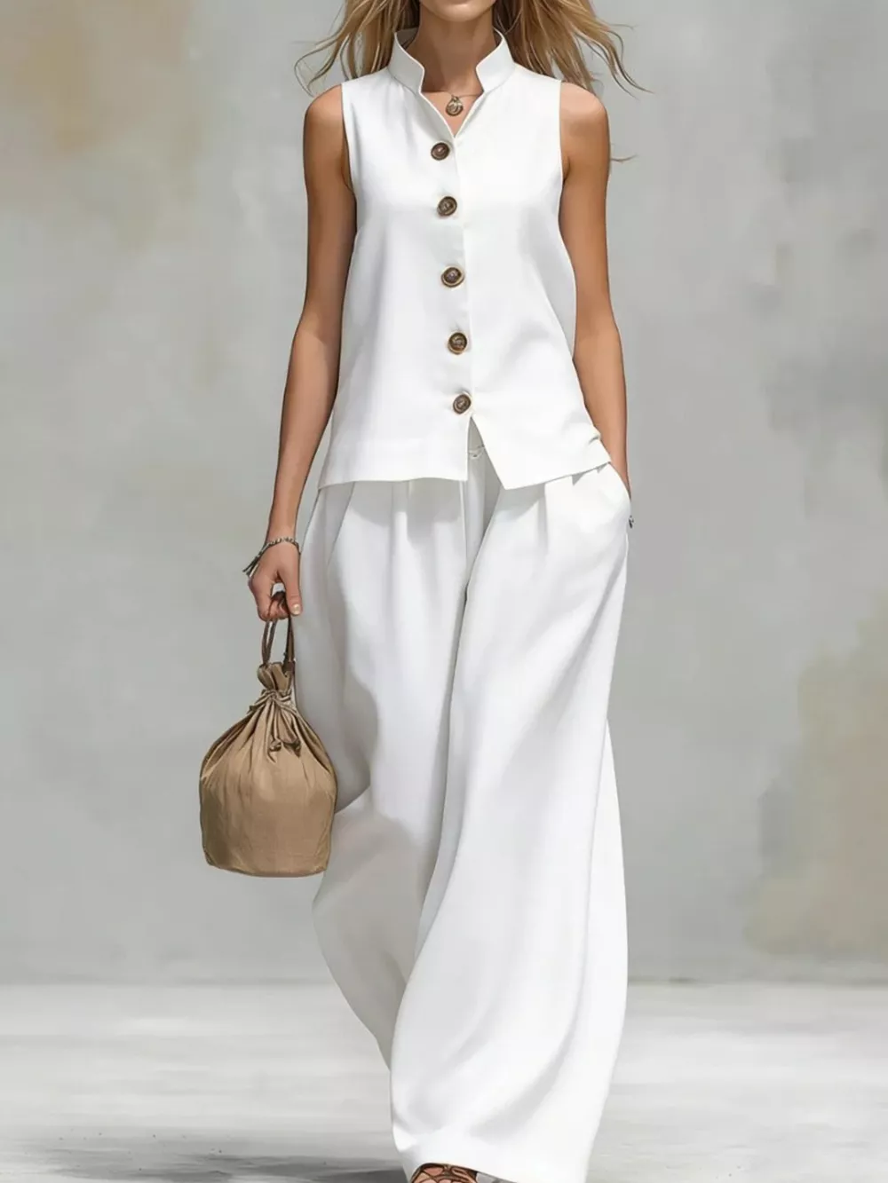 Sleeveless Button-Down Top and Wide-Leg Pant Set, image 3