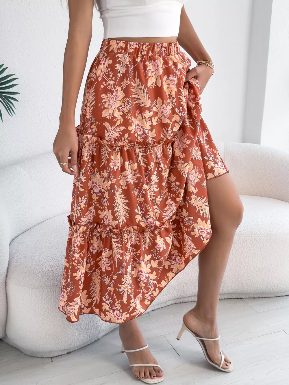 Floral Print Ruffle Hem Flowy Midi Skirt, image 2
