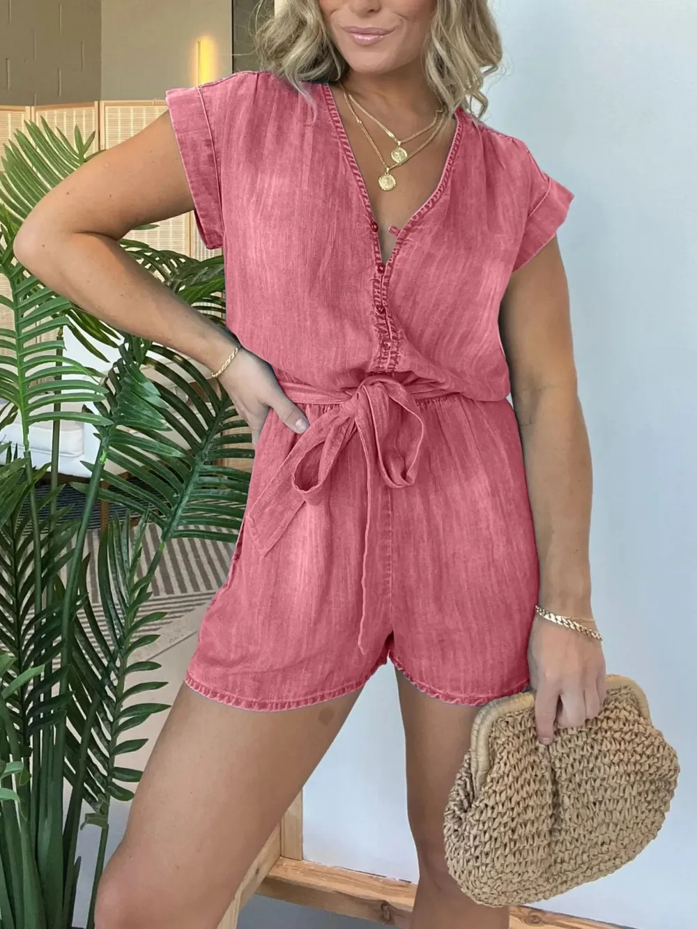 Full Size Tie Waist Cap Sleeve Denim Romper Plus Size, image 10