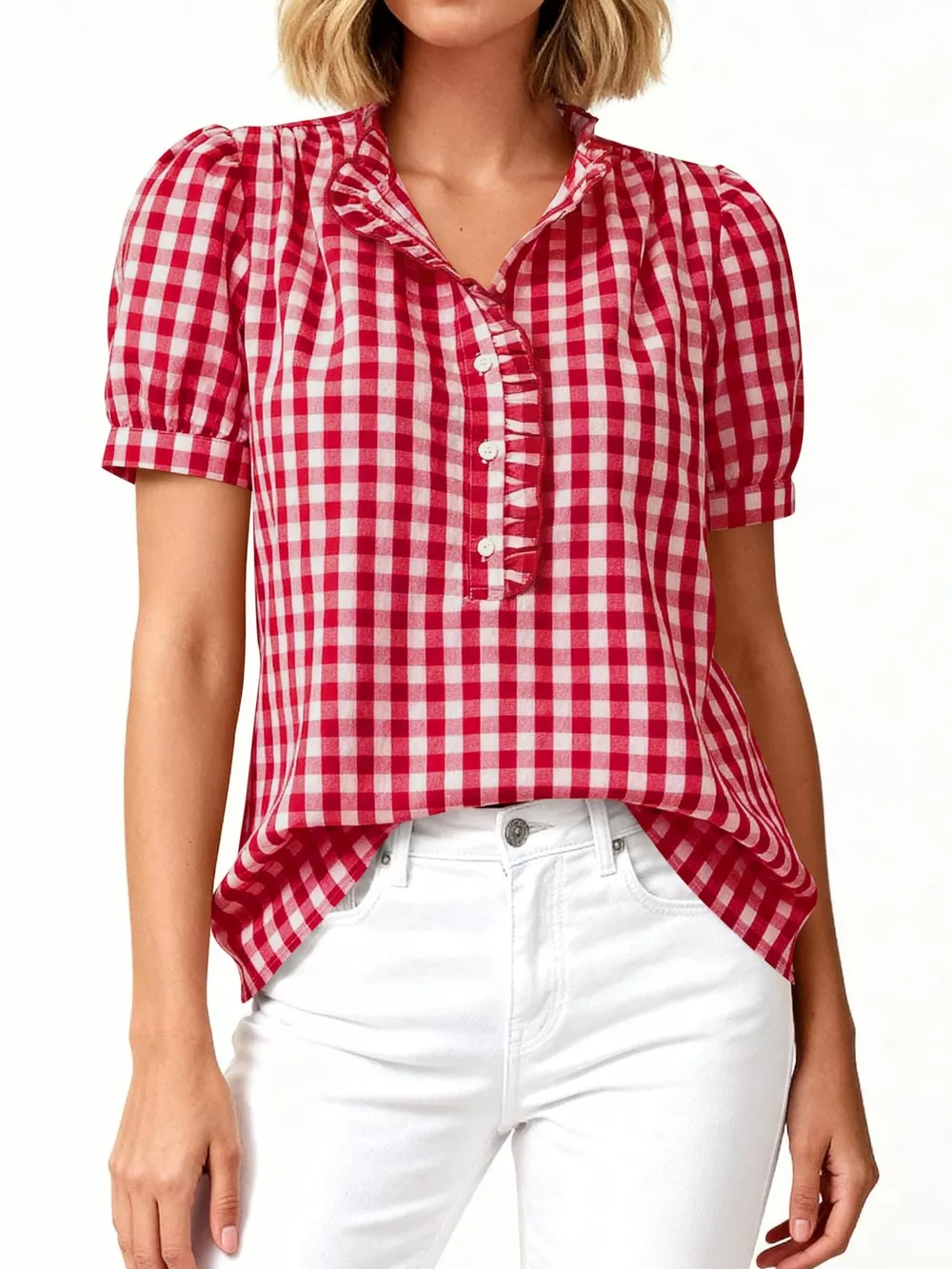Gingham Button Front Puff Sleeve Blouse, image 9