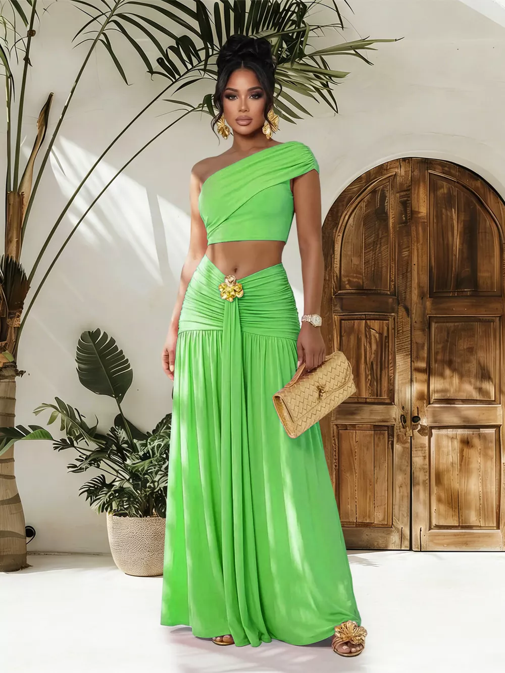 One-Shoulder Top and Ruched Maxi Skirt Set, image 11