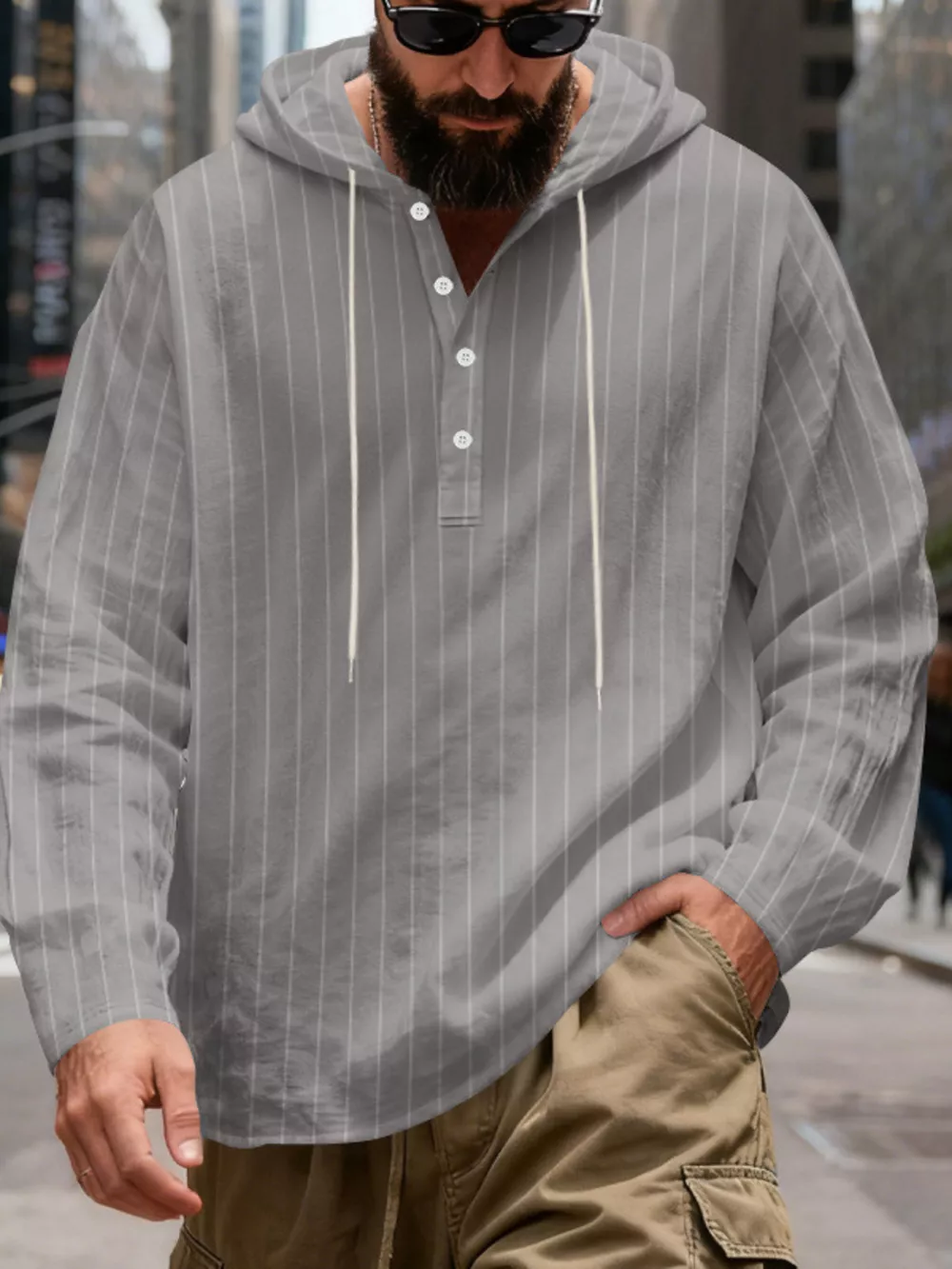 Men's Full Size Casual Striped Henley Hoodie with Drawstring Plus Size, image 16