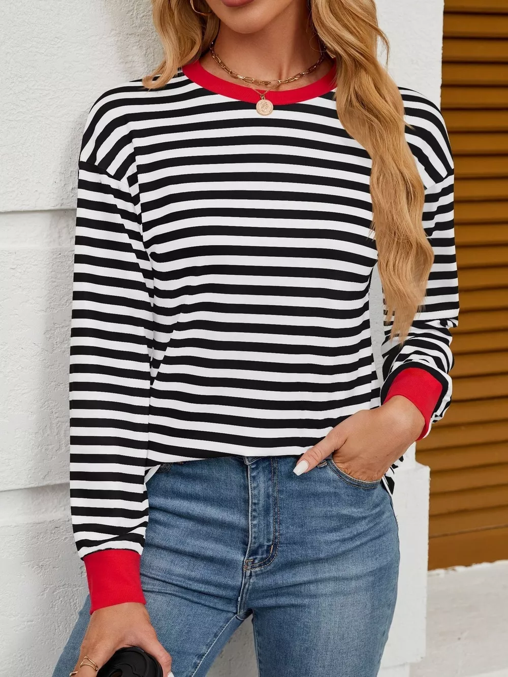 Striped Round Neck Long Sleeve T-Shirt, image 9