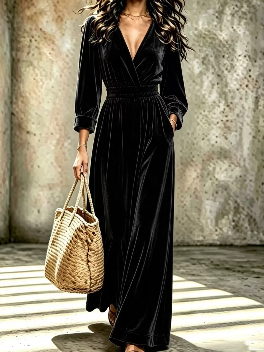 Velvet Surplice Long Sleeve Jumpsuit