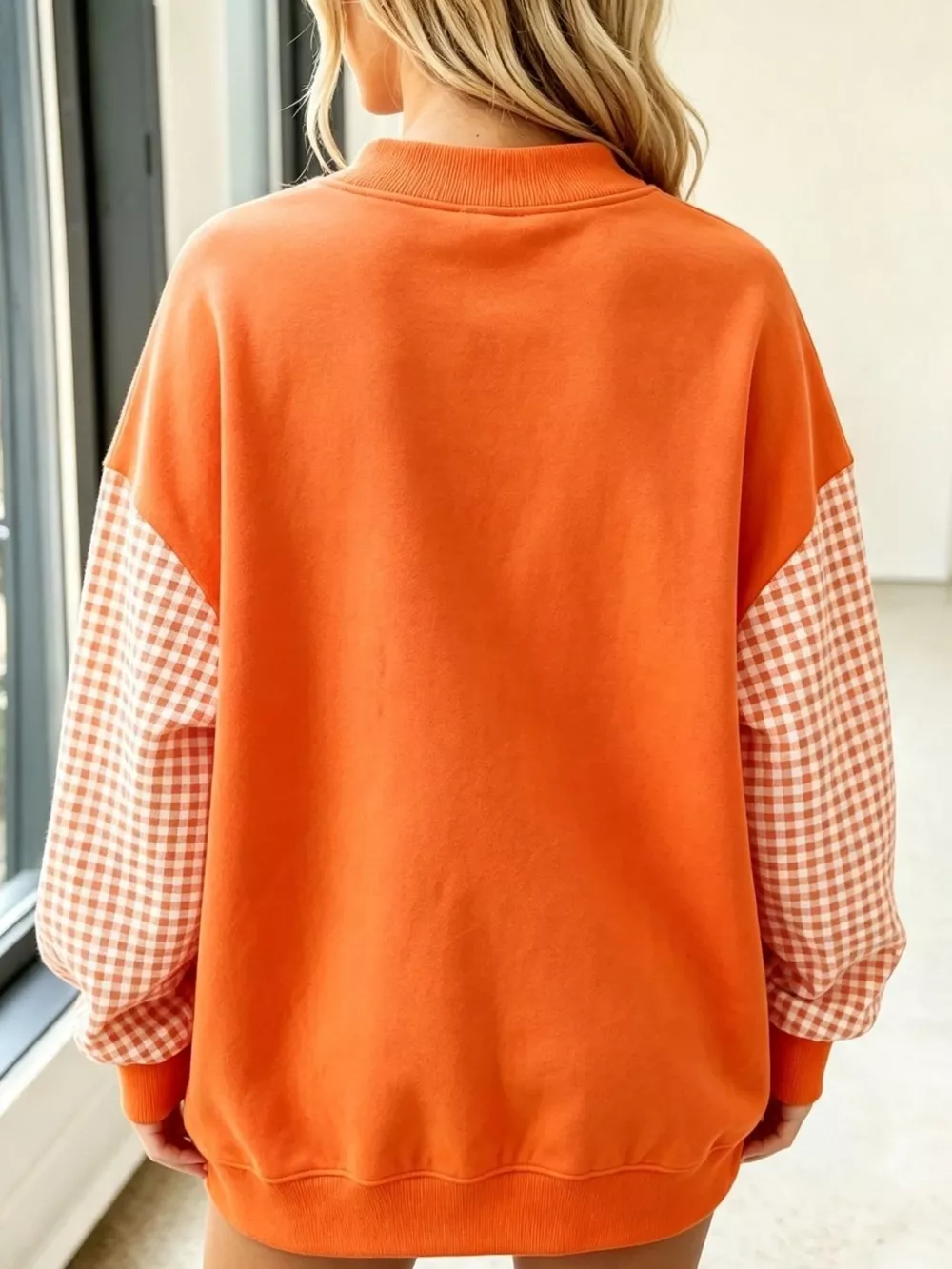 Gingham Sleeves Round Neck Sweatshirt, image 12