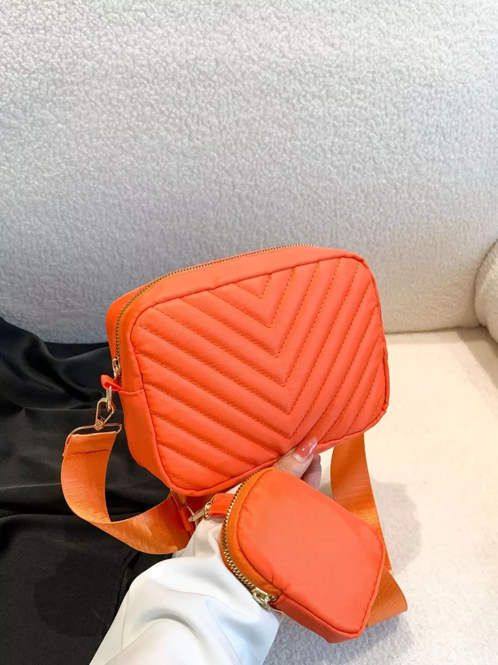 Chevron Quilted Crossbody Bag with Mini Pouch, image 3