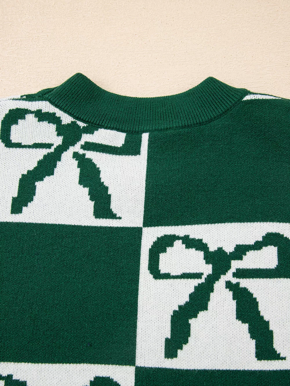 Checkered Bow Round Neck Casual Sweater, image 4