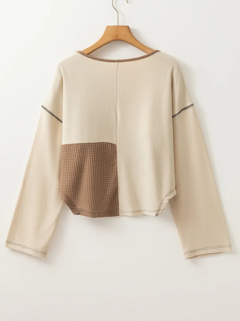 Color Block Waffle Knit Stitch Detail Long Sleeve Top, image 2