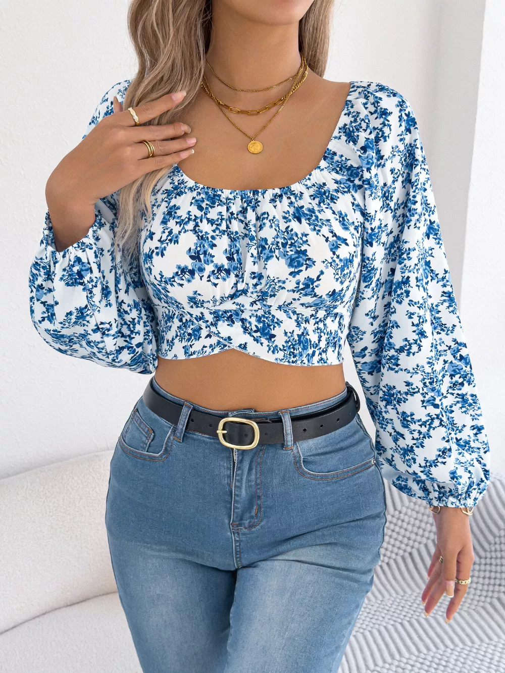 Floral Balloon Sleeve Square Neck Crop Blouse, image 11