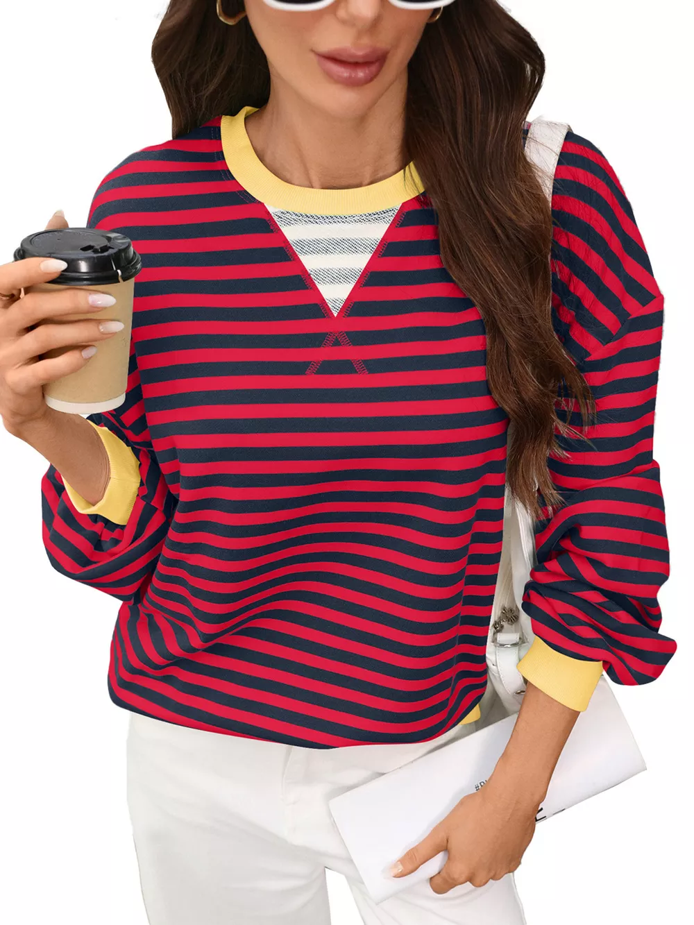 Contrast Trim Striped Crew Neck Sweatshirt, image 5