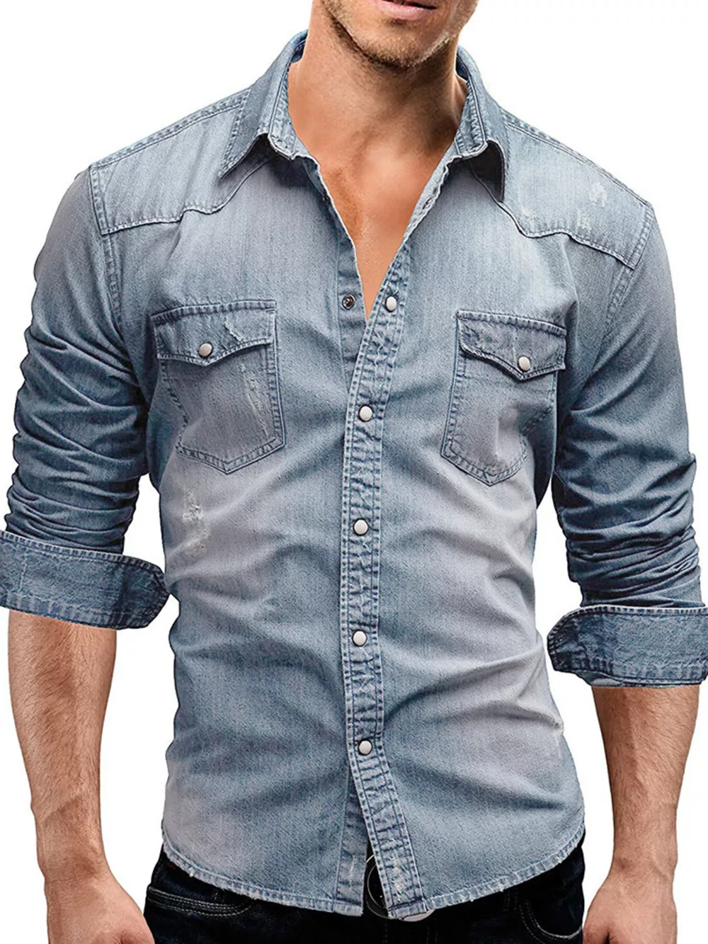 Men's Plus Size Vintage Washed Button Up Denim Shirt, image 5