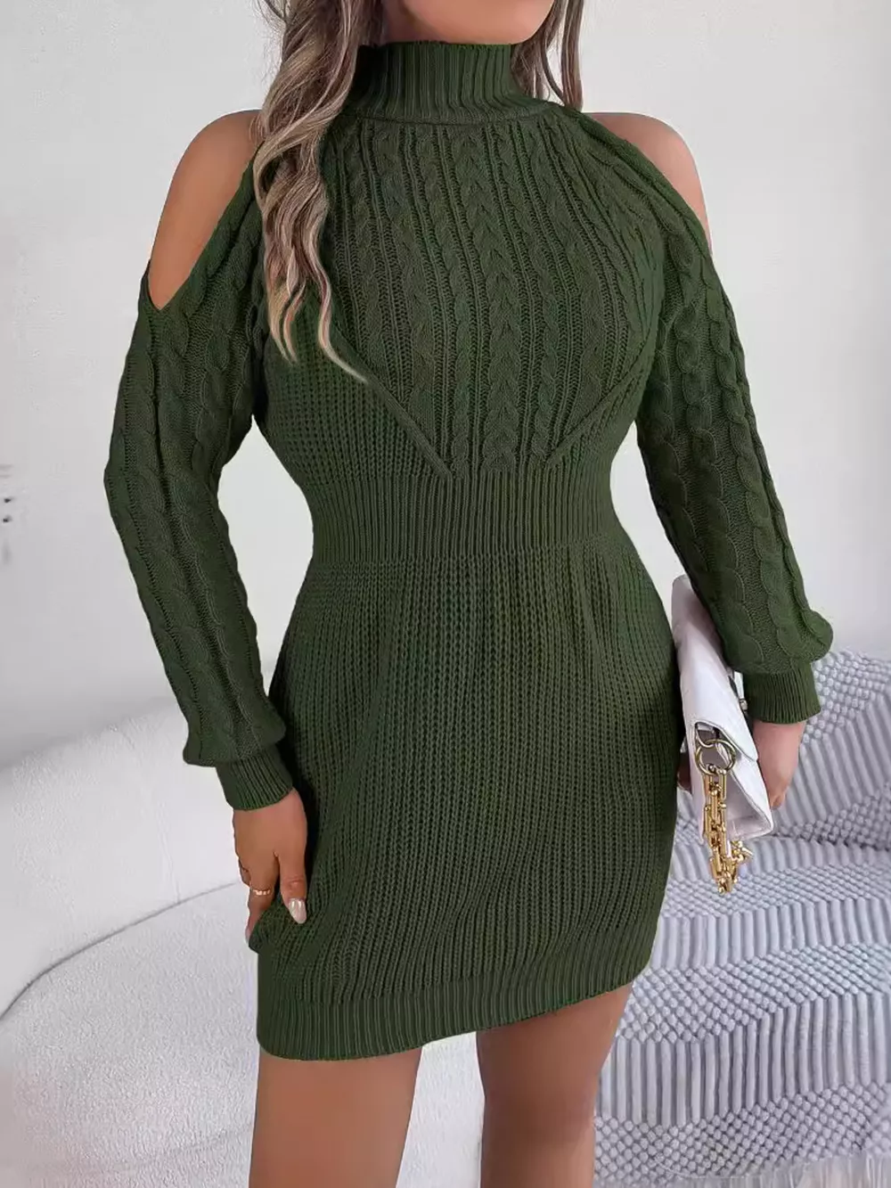 Cold Shoulder Cable Knit Turtleneck Sweater Dress, image 3