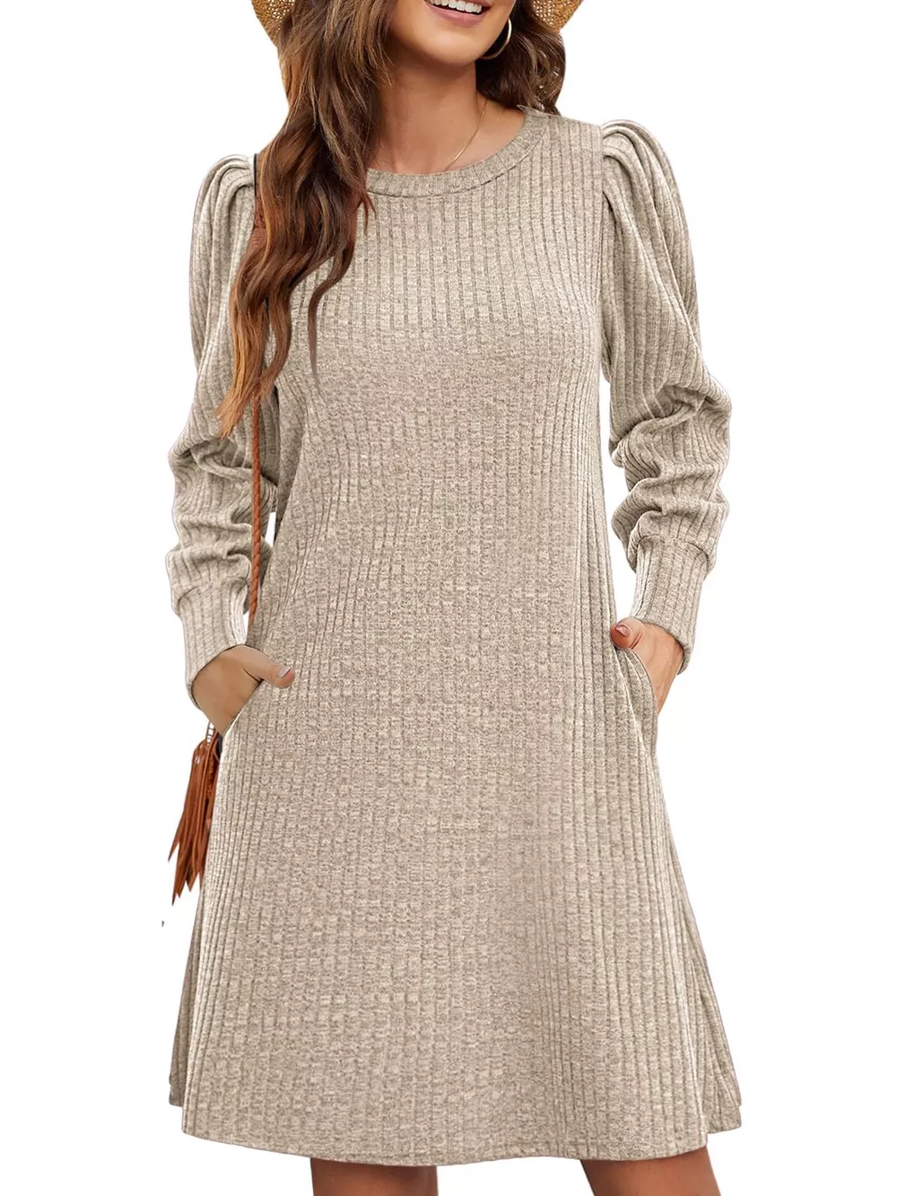 Ribbed Knit Puff Sleeve Casual Mini Dress, image 3