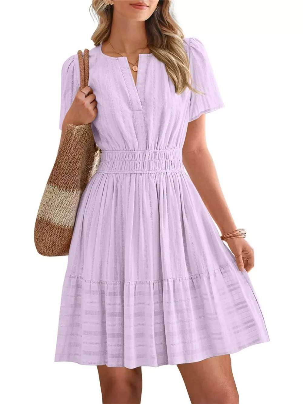 Short Sleeve Smocked Waist Tiered Dress, image 29