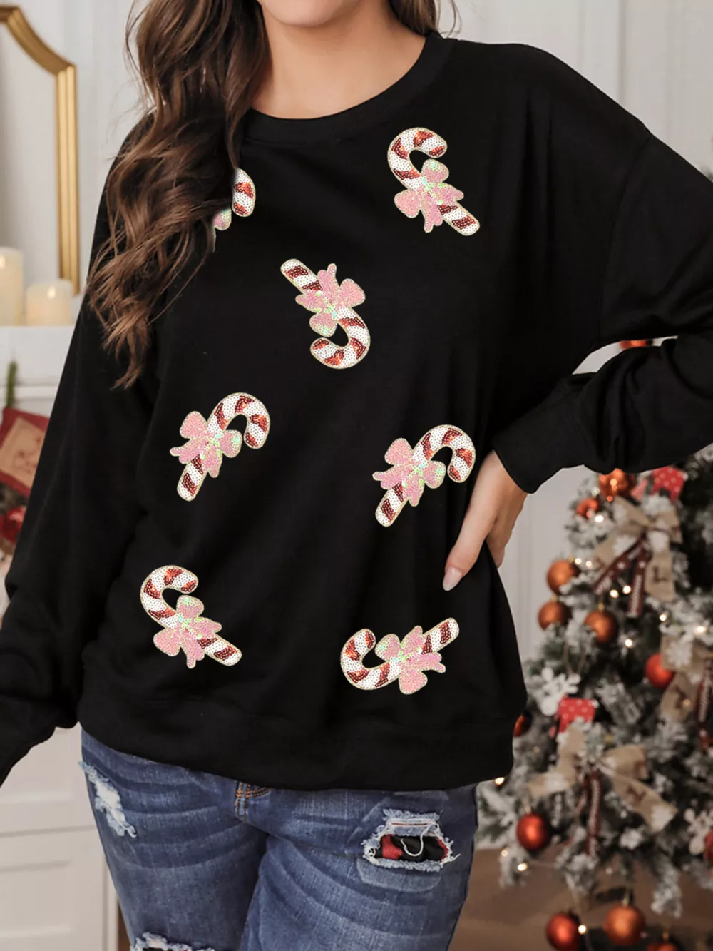 Christmas Candy Cane Sequin Patch Baggy Sweatshirt, image 2
